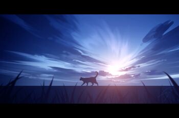 absurdres blue_theme cat cloud cloudy_sky commentary_request highres letterboxed nengoro no_humans original outdoors signature silhouette sky sky_focus sunset