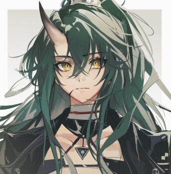 Rule 34 | 1girl, arknights, black jacket, border, closed mouth, commentary, facial scar, green hair, grey background, hair between eyes, high ponytail, highres, horns, hoshiguma (arknights), hoshiguma the breacher (arknights), jacket, long hair, looking at viewer, ponytail, scar, scar on cheek, scar on face, single horn, skin-covered horns, solo, symbol-only commentary, upper body, white border, wushui zhan nao geng, yellow eyes