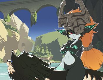 1girl big_hair blue_sky breasts bridge cliff colored_sclera cowboy_shot crossed_arms highres lake link long_hair midna navel nintendo orange_hair outdoors outline patreon_username pointy_ears red_eyes scrimblocrimbo sky small_breasts the_legend_of_zelda the_legend_of_zelda:_twilight_princess tree very_long_hair water watermark web_address white_outline wolf wolf_link yellow_sclera