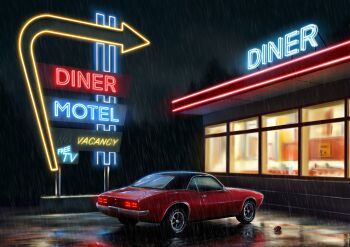 absurdres arrow_(symbol) can car diner glowing highres motor_vehicle mr._lyubimskiy neon_lights no_humans original outdoors pontiac pontiac_firebird procreate_(medium) rain red_car reflection reflective_liquid scenery vehicle_focus wet