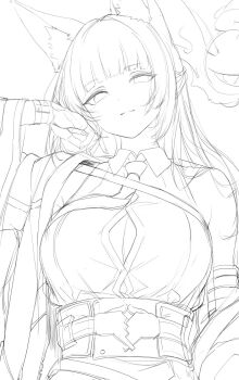 1girl animal_ear_fluff animal_ears breasts button_gap closed_mouth collared_shirt fingerless_gloves fingernails fox_ears fox_girl gloves hand_up highres hoshimi_miyabi jacket large_breasts lineart long_hair looking_at_viewer necktie re0n shirt shirt_tucked_in single_bare_shoulder single_off_shoulder smile tailless_(zenless_zone_zero) upper_body zenless_zone_zero