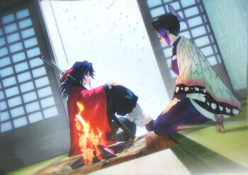 Rule 34 | 1boy, 1girl, black hair, black jacket, blue eyes, bonfire, breasts, closed mouth, demon slayer uniform, haori, high collar, highres, jacket, japanese clothes, katana, kimetsu no yaiba, kochou shinobu, long hair, low ponytail, niku (ni23ku), ponytail, print haori, profile, purple hair, red haori, sitting, spiked hair, sword, tomioka giyuu, weapon, white haori