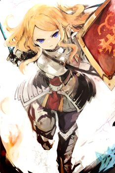 1girl armor blonde_hair blue_eyes etrian_odyssey gauntlets greaves highres holding holding_shield holding_sword holding_weapon long_hair paladin_(sekaiju) paladin_2_(sekaiju) sekaiju_no_meikyuu sekaiju_no_meikyuu_1 shield solo sword tsutsugano weapon
