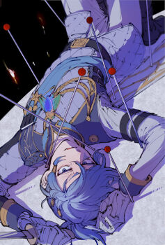 1boy black_boots blue_eyes blue_hair boots bububuki dagger fang full_body grey_vest hair_tubes half-closed_eyes highres holding holding_dagger holding_knife holding_weapon identity_v jewelry knife legs_up luca_balsa luca_balsa_(winter_cicada) lying male_focus necklace on_back pants pin ponytail shirt short_ponytail skin_fang vest weapon white_pants white_shirt