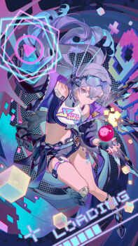1girl absurdres asymmetrical_footwear asymmetrical_gloves black_gloves chinese_commentary closed_mouth commentary_request crossed_bangs eyewear_on_head fingerless_gloves fishnet_socks fishnets floating_hair gloves grey_eyes grey_hair hair_between_eyes highres honkai:_star_rail honkai_(series) jacket long_sleeves looking_at_viewer mechanical_tail mismatched_footwear mismatched_gloves navel official_alternate_costume open_clothes open_jacket ponytail silver_wolf_(honkai:_star_rail) silver_wolf_(lv.999)_(honkai:_star_rail) single_fingerless_glove single_sock socks stomach tail thigh_strap thighs v-shaped_eyebrows wodi_jianbing