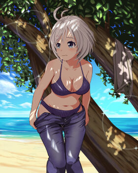 .live 1girl 3: absurdres antenna_hair averting_eyes bad_id bad_pixiv_id bare_arms bare_shoulders beach bikini black_pants blue_eyes blue_sky blush breasts cleavage closed_mouth clothes_pull collarbone commentary_request dappled_sunlight day dennou_shoujo_siro feet_out_of_frame female_focus frown gibun_(sozoshu) hair_ornament hairclip highres horizon leaning_forward lens_flare looking_away looking_to_the_side medium_breasts navel ocean open_fly open_pants pants purple_bikini shirt silver_hair sky solo standing stomach striped_bikini striped_clothes sunlight swimsuit tareme tree under_tree undressing unworn_shirt unzipped vertical-striped_bikini vertical-striped_clothes virtual_youtuber water white_shirt