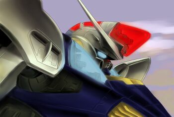 blue_eyes commentary_request g3-saviour glowing glowing_eyes gradient_background gundam gundam_g-saviour mecha mecha_focus mobile_suit no_humans portrait robot science_fiction sephirothxer0 v-fin