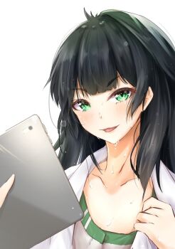 1girl blunt_bangs collar dress green_collar green_eyes green_hair green_trim hiyajou_maho holding holding_tablet_pc lab_coat long_hair looking_at_viewer open_mouth science_adventure solo steins;gate steins;gate_0 sweat tablet_pc tongue very_long_hair wet yakku