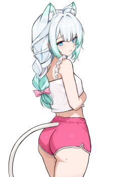 1girl animal_ear_fluff animal_ears ass blue_eyes blue_streaks braid cat_ears cat_girl cat_tail commentary cowboy_shot crop_top dolphin_shorts from_behind gradient_hair green_hair highres indie_virtual_youtuber long_hair looking_at_viewer looking_back mint_fantome mint_fantome_(otaku) mole mole_on_ass multicolored_hair parted_lips pink_shorts pink_streaks short_shorts shorts simple_background solo standing streaked_hair tail tank_top ttsyrene virtual_youtuber white_background white_hair white_tank_top
