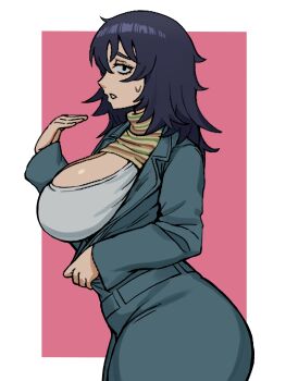 1girl absurdres anya_(mouthwashing) ass black_eyes black_hair blue_jumpsuit border breasts breasts_out eyelashes fanning_self from_side highres huge_ass jumpsuit large_breasts long_hair mouthwashing open_clothes open_jumpsuit outside_border parted_lips pokpa sanpaku shirt solo striped_clothes striped_sweater sweatdrop sweater turtleneck turtleneck_sweater white_border white_shirt