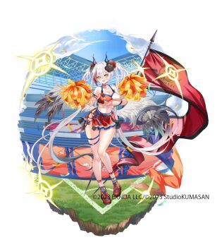 1girl ametsuchi breasts cheerleader cloud flag full_body hair_ornament highres large_breasts long_hair mitsuru_(twinkle_star_knights) official_art open_mouth pom_pom_(cheerleading) red_shoes red_skirt shoes skirt socks stadium thigh_strap twinkle_star_knights twintails two_side_up underboob white_background white_hair white_wings wings yellow_eyes