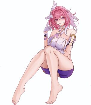 1girl bare_shoulders barefoot black_shorts breasts chinese_commentary commentary_request corset diamond-shaped_pupils diamond_(shape) elf elysia_(herrscher_of_human:_ego)_(honkai_impact) elysia_(honkai_impact) feet gloves hair_ornament highres honkai_(series) honkai_impact_3rd large_breasts lingtai64567 looking_at_viewer multicolored_hair pink_hair pointy_ears purple_eyes short_hair shorts simple_background smile solo symbol-shaped_pupils toes triquetra two-tone_hair white_background white_corset white_gloves white_hair