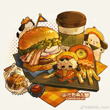 1girl animal_ears artist_name bacon burger character_charm charm_(object) cheese chibi chinese_commentary commentary_request commission cup disposable_coffee_cup disposable_cup dog_ears eating eyewear_on_head fast_food flag floppy_ears food food_charm french_fries grey_background hair_ornament hairclip halftone halftone_background happy hat holding holding_food ketchup lettuce long_sleeves machi_nailao_bao napkin newsboy_cap onion_slice original oversized_clothes parallel_hairclips pochacco red_shirt red_shoes sample_watermark sanrio shirt shoes short_hair sitting sleeves_past_fingers sleeves_past_wrists solo sunglasses tray watermark watermark_grid weibo_watermark white_hair yellow_hat