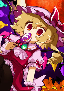 Rule 34 | 1girl, absurdres, back bow, bad id, bad pixiv id, blonde hair, bow, candy, collared shirt, commentary request, crystal, flandre scarlet, food, frilled shirt collar, frilled skirt, frilled sleeves, frills, halloween, hat, hat ribbon, highres, holding, holding candy, holding food, holding lollipop, jack-o'-lantern, lollipop, maa (forsythia1729), mob cap, one side up, puffy short sleeves, puffy sleeves, red eyes, red ribbon, red skirt, red vest, ribbon, shirt, short hair, short sleeves, skirt, skirt set, solo, touhou, vest, white bow, white hat, white shirt, wings, wrist cuffs