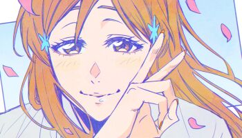 Rule 34 | 1girl, absurdres, bleach, blush, brown eyes, close-up, closed mouth, commentary, eyelashes, falling petals, hair ornament, hairclip, highres, inoue orihime, lips, long hair, looking at viewer, n (nauki 11), nail polish, orange hair, orange nails, petals, pink petals, shirt, smile, solo, straight-on, upper body, v, white shirt