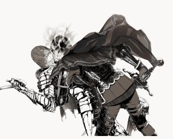 Rule 34 | 1boy, 1girl, armor, ashen one (dark souls), cape, commentary, dark souls (series), dark souls iii, english commentary, feet out of frame, gauntlets, greyscale, helm, helmet, highres, holding, holding sword, holding weapon, jdori, knight, leg armor, monochrome, pants, pauldrons, shoulder armor, simple background, sir vilhelm, sword, weapon