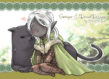 :3 armor blush_stickers character_name chibi chiseko1000yeah cloak dark-skinned_male dark_elf dark_skin drizzt_do&#039;urden drow elf fur_trim guenhwyvar pointy_ears tree white_hair
