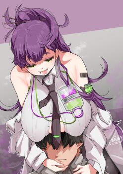 1boy 1girl :d arm_tattoo armpit_crease artist_name barcode barcode_tattoo bare_shoulders behind_another black-framed_eyewear black_hair black_necktie black_pantyhose blush breast_rest breasts breasts_on_head buttons closed_mouth collared_shirt commander_(nikke) commentary_request covered_erect_nipples cowboy_shot dated drink drinking_straw ear_blush ether_(nikke) fingernails goddess_of_victory:_nikke green_eyes grey_background grey_shirt hair_between_eyes hair_ornament hair_stick half-closed_eyes hand_on_another's_cheek hand_on_another's_face hand_on_another's_shoulder heavy_breathing hetero high_ponytail highres huge_breasts intravenous_drip jacket leaning_forward long_hair long_sleeves looking_at_another looking_down loose_necktie lower_teeth_only necktie no_eyes no_eyewear off_shoulder open_clothes open_jacket open_mouth pantyhose partially_unbuttoned ponytail purple_background purple_hair shirt sleeveless sleeveless_shirt smile standing steaming_body sweat tattoo teeth textless_version two-tone_background very_long_hair white_jacket white_shirt ygdm