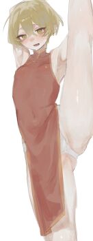 1boy androgynous armpits arms_up blonde_hair blush china_dress chinese_clothes commentary_request dress eyeliner highres korean_commentary leg_up limbus_company looking_at_viewer makeup male_underwear open_mouth pectorals project_moon red_eyeliner short_hair shos3gu simple_background sinclair_(project_moon) sleeveless solo standing standing_on_one_leg sweat underwear white_background white_male_underwear yellow_eyes