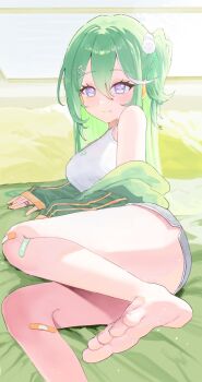 1girl artist_request bandaid bandaid_on_leg barefoot breasts camisole closed_mouth commentary_request double-parted_bangs feet foot_out_of_frame foreshortening green_hair green_jacket grey_shorts hair_between_eyes hair_ornament hairclip highres jacket jewelry korean_commentary large_breasts long_bangs long_hair long_sleeves looking_at_viewer lying micro_shorts multicolored_hair on_back on_bed one_side_up pom_pom_(clothes) pom_pom_hair_ornament presenting_own_foot purple_eyes ring second-party_source shorts single_bare_shoulder sleeves_past_wrists soles solo stellive straight_hair streaked_hair thick_thighs thighs toenails toes virtual_youtuber white_camisole yuzuha_riko