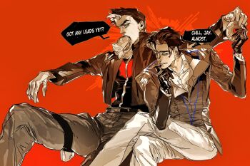 bat_signal batman_(series) batman_symbol black_bodysuit black_gloves black_hair bodysuit brothers brown_jacket dc_comics dick_grayson gloves grey_bodysuit guoba7777 highres jacket jason_todd male_focus multicolored_bodysuit multiple_boys muscular muscular_male nightwing open_clothes pants red_hood_(dc) red_hood_and_the_outlaws short_hair siblings superhero_costume taut_bodysuit two-tone_bodysuit