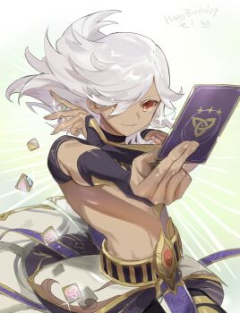 card cyno_(genshin_impact) dark-skinned_male dark_skin dice genshin_impact hair_over_one_eye highres holding holding_dice long_hair male_focus meameeea red_eyes white_hair