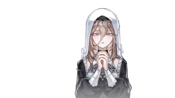 1girl aponia black_dress blonde_hair blue_eyes chinese_commentary commentary_request dress highres honkai_(series) honkai_impact_3rd looking_at_viewer medium_hair mole mole_under_eye nun parted_lips praying procreate_(medium) seawave02974 simple_background solo veil white_background white_veil