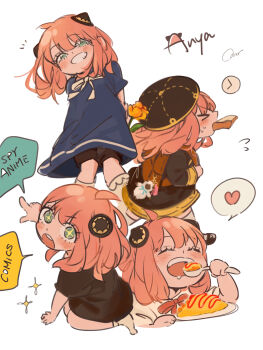 >_< 1girl :o absurdres ahoge animal_charm anya_(spy_x_family) arms_behind_back backpack bag bag_charm black_dress black_hat black_shorts blush bread bread_slice brown_bag character_name charm_(object) child commentary_request dress eating eden_academy_school_uniform english_text flower flying_sweatdrops food food_in_mouth green_eyes grin hairpods hat head_tilt heart highres holding holding_flower holding_spoon holding_strap late_for_school looking_at_viewer medium_hair mouth_hold multiple_views notice_lines omelet omurice open_mouth orange_flower peanuts_omr pink_hair pointing school_uniform shorts shorts_under_dress simple_background smile socks sparkle speech_bubble spoken_heart spoon spy_x_family teeth toast toast_in_mouth upper_teeth_only white_background white_socks