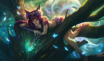 1girl absurdres ahri_(league_of_legends) alvin_lee aqua_butterfly armor bare_shoulders barefoot black_eyeliner blue_butterfly blurry blurry_background braid breasts bug butterfly cleavage detached_sleeves elderwood_ahri eyelashes eyeliner eyeshadow facial_mark flower fox_girl fox_tail glowing_nails gradient_tail greaves hair_flower hair_ornament highres horns insect kitsune knees kyuubi large_breasts large_tail leaf_skirt league_of_legends long_hair looking_down low-braided_long_hair low-tied_long_hair lying magic makeup multiple_tails official_art on_tree pink_nails purple_hair purple_skirt purple_tube_top skirt smile solo strapless tail tattoo third-party_source treant tree tribal_tattoo tube_top white_tail yellow_eyes