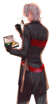 1boy absurdres antonio_salieri_(fate) antonio_salieri_(second_ascension)_(fate) black_gloves black_pants black_suit box buttons cowboy_shot cross dnstar_1019 dress_pants eating fate/grand_order fate_(series) food formal_clothes from_behind gloves highres holding holding_box holding_food long_sleeves medium_hair musical_note pants pinstripe_pants pinstripe_pattern pinstripe_suit solo suit sushi weapon white_hair
