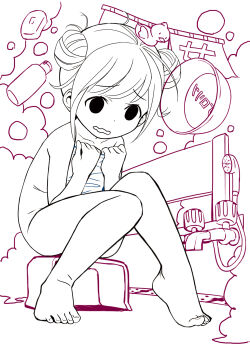 1girl absurdres barefoot bathhouse blush double_bun greyscale hair_bun highres monochrome nude original pop_(electromagneticwave) sitting solo tears