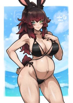 1girl absurdres animal_ear_fluff animal_ears artist_name bare_arms bare_shoulders big_belly bikini black_bikini black_nails blue_sky body_freckles border breasts closed_mouth cloud commentary cowboy_shot english_commentary facial_mark freckles gluteal_fold green_eyes hair_between_eyes hand_on_own_chest hand_on_own_hip highleg highleg_bikini highres large_breasts light_blush light_smile long_hair looking_at_viewer navel o-ring o-ring_bikini o-ring_top original outie_navel outside_border ponytail pregnant rabbit_ears rabbit_girl rabbit_tail red_hair rotomdocs side-tie_bikini_bottom sky solo standing swimsuit tail white_border