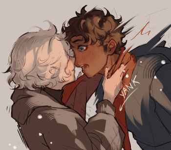 2boys black_coat black_hair black_shirt blue_eyes brown_coat closed_mouth coat commentary dungeon_meshi english_commentary highres hood hood_down hooded_coat imminent_kiss kabru long_sleeves looking_at_another male_focus mithrun multiple_boys open_mouth pluvioseprince red_scarf scarf scarf_pull shirt short_hair simple_background snowing turtleneck turtleneck_shirt white_hair yaoi