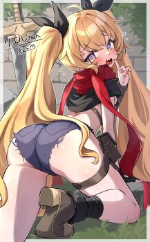 1girl @_@ absurdres ahoge artist_name ass ass_focus bikini bikini_top_only black_bikini black_ribbon black_shirt blonde_hair blue_shorts blush boots border breasts brown_boots clothes_lift commentary_request commission covered_erect_nipples cutoffs denim denim_shorts fang flying_sweatdrops from_behind hair_between_eyes hair_flaps hair_ribbon heart highres index_finger_raised long_hair looking_at_viewer looking_back micro_bikini micro_shorts open_mouth original pouch red_scarf ribbon scarf second-party_source shirt shirt_lift shorts sidelocks single_sleeve skeb_commission small_breasts solo swimsuit sword thigh_pouch thigh_strap trente twintails very_long_hair weapon white_border yellow_eyes