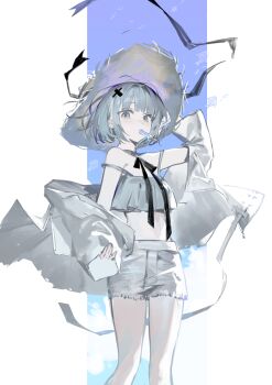 1girl absurdres beach color_scheme commentary fish food food_in_mouth grey_eyes grey_hair grey_hat grey_shirt grey_shorts hat highres holding holding_unworn_clothes holding_unworn_hat jacket looking_at_viewer mo011010 neck_ribbon original popsicle popsicle_in_mouth ribbon shirt shorts straw_hat summer symbol-only_commentary unworn_hat unworn_headwear vertical white_jacket wind