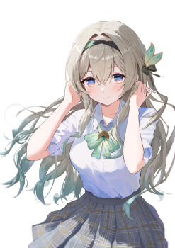 1girl absurdres black_hairband blush collarbone commentary_request firefly_(honkai:_star_rail) firefly_(spring_missive)_(honkai:_star_rail) gradient_hair green_hair grey_hair hair_between_eyes hair_ornament hairband highres honkai:_star_rail honkai_(series) looking_at_viewer multicolored_eyes multicolored_hair official_alternate_costume peachenvy pink_eyes plaid_clothes plaid_skirt school_uniform shirt simple_background skirt thighhighs three-quarter_sleeves two-tone_eyes underwear white_background white_shirt
