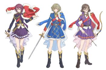 Rule 34 | 3girls, absurdres, aiguillette, arrow (projectile), belt, black boots, black jacket, blonde hair, blue jacket, blue skirt, boots, bow, bow (weapon), bowtie, brown eyes, brown hair, brume (reverse:1999), celia (reverse:1999), chinese commentary, commentary request, cosplay, epaulettes, felicienne (reverse:1999), flower, freckles, full body, fur-trimmed jacket, fur trim, glasses, hair flower, hair ornament, hand up, highres, holding, holding arrow, holding bow (weapon), holding sword, holding weapon, jacket, jacket on shoulders, looking at viewer, miniskirt, multiple girls, parted lips, pleated skirt, purple bow, purple bowtie, purple eyes, purple hair, purple jacket, purple skirt, red jacket, red sash, reverse:1999, rokilly, round eyewear, sash, short hair, shoujo kageki revue starlight, shoulder sash, skirt, smile, standing, sword, weapon, white background, white flower, yellow belt, yellow eyes