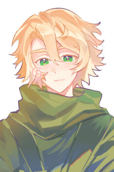 Rule 34 | 1boy, :3, animification, blonde hair, blush stickers, chinese commentary, closed mouth, colored eyelashes, commentary request, green eyes, green scarf, hair between eyes, highres, lloyd garmadon, looking at viewer, male focus, ninjago, sanli122, scarf, short hair, simple background, single blush sticker, smile, solo, upper body, white background