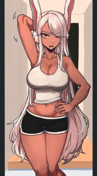1girl absurdres animal_ears arm_behind_head armpits bare_arms bare_legs black_shorts boku_no_hero_academia breasts cleavage collarbone commentary cowboy_shot dark-skinned_female dark_skin dolphin_shorts doorway hair_over_one_eye hand_on_own_hip highres large_breasts long_eyelashes long_hair looking_at_viewer lounge masgamjya midriff mirko navel one_eye_closed parted_lips rabbit_ears rabbit_girl red_eyes short_shorts shorts solo tank_top teeth thighs toned upper_teeth_only very_long_hair white_hair white_tank_top
