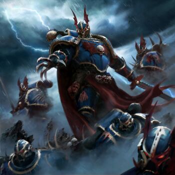 6+boys adeptus_astartes armor bat_wings blue_armor blue_helmet bone cape chaos_space_marine clawed_gauntlets cloud cloudy_sky daniel_batista fog gauntlets glowing glowing_eyes gold_trim head_wings helmet highres holding holding_sword holding_weapon lightning looking_at_viewer looking_to_the_side male_focus multiple_boys night_lords pauldrons pelvic_curtain power_armor pteruges rain red_cape red_eyes severed_hand severed_head shoulder_armor shoulder_spikes skull skull_belt skull_ornament sky spikes sword teeth terminator_armor warhammer_40k weapon wings