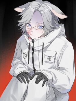 1boy animal_ear_fluff animal_ears aotsuki_eito black_gloves blood blood_on_clothes blood_on_face blue_eyes chinese_commentary closed_mouth commentary_request drawstring glasses gloves grey_hair hands_on_own_knees high_collar highres hood hood_down hooded_jacket jacket kemonomimi_mode lethe_(jiaodidezheshelu) long_sleeves lop_rabbit_ears male_focus pants pocket rabbit_ears sanpaku short_hair sitting sleeves_past_wrists smile solo sweat the_hundred_line_-last_defense_academy- variant_set white_jacket white_pants