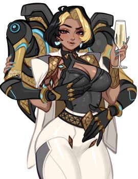 Rule 34 | 1girl, black gloves, black hair, black shirt, blonde hair, blushyspicy, breasts, brown eyes, cape, cleavage, closed mouth, cocktail glass, commentary, cup, dark-skinned female, dark skin, domina (overwatch), drinking glass, english commentary, forehead, gloves, highres, holding, holding cup, large breasts, looking at viewer, medium hair, multicolored hair, overwatch, pants, shirt, simple background, smile, solo, tongue, tongue out, white background, white cape, white pants