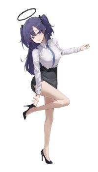 1girl absurdres adjusting_clothes adjusting_shoe black_halo black_shoes black_skirt blue_archive blue_necktie breasts collared_shirt commentary full_body hair_ornament halo hand_up head_tilt high-waist_skirt high_heels highres leg_up long_hair long_sleeves looking_at_viewer m1o_0112 mechanical_halo necktie office_lady parted_lips pencil_skirt purple_eyes purple_hair shirt shoes simple_background skirt solo standing standing_on_one_leg triangle_hair_ornament two_side_up white_background white_shirt yuuka_(blue_archive)