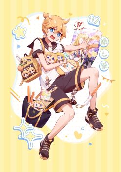 ! !! 1boy @_@ backpack bag black_sailor_collar black_shorts black_socks blonde_hair blue_eyes character_doll character_name commentary doll english_commentary figure food fruit full_body glowstick heart highres itabag kagamine_len kagamine_rin male_focus musical_note navel necktie orange_(fruit) oshi-katsu penlight_(glowstick) photo_album poster_(object) sailor_collar shirt shoes shorts socks solo speech_bubble spiked_hair star_(symbol) stomach sweat triangle usarei vocaloid white_shirt white_shoes yellow_bag yellow_necktie