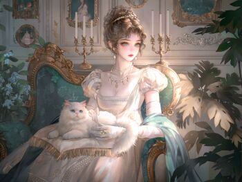1girl absurdres animal blue_eyes breasts brown_hair candle cat cleavage couch dress earrings elbow_gloves gloves highres indoors jewelry large_variant_set necklace on_lap original plant puffy_sleeves ring sitting solo variant_set white_cat white_dress white_gloves xixizi