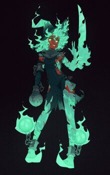 1girl absurdres artist_name aura ball_and_chain_restraint bandaged_arm bandages bare_shoulders black_background black_sclera breasts burning colored_sclera colored_skin colored_teeth commentary covered_navel cuffs dark-skinned_female dark_skin energy eyeshadow fangs fiery_hair film_grain fire flaming_hand flaming_sword flaming_weapon glowing glowing_eyes gorget green_eyeshadow green_fire grin groin hair_between_eyes highleg highres long_hair looking_at_viewer magic makeup milkytiddyboy monster_girl multicolored_skin o-ring open_mouth original pelvic_curtain red_skin sideboob signature simple_background small_breasts smile solo sword symbol-only_commentary teeth thick_eyebrows torn_clothes weapon yellow_eyes yellow_teeth