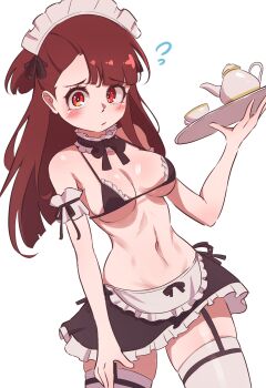 1girl :/ absurdres alt_text apron asymmetrical_bangs bare_shoulders bikini black_bikini black_ribbon black_skirt blush breasts brown_hair closed_mouth commentary cowboy_shot cup detached_collar english_commentary flying_sweatdrops frilled_apron frilled_bikini frilled_skirt frills furrowed_brow garter_straps highres holding holding_tray kagari_atsuko little_witch_academia long_hair looking_at_viewer madabau maid maid_bikini maid_headdress medium_breasts miniskirt navel neck_ribbon red_eyes ribbon simple_background skirt solo standing stomach swimsuit teacup teapot thighhighs tray unconventional_maid waist_apron white_apron white_background white_thighhighs