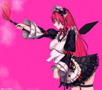 1boy 1girl absurdres baseball_cap black_dress blue_eyes breast_rest breasts breasts_on_head brooch chest_bow commentary crinoline crystal_wings dress drill_hair drill_sidelocks duster english_commentary erasorpepero frilled_dress frilled_sleeves frills from_side guyrys hat highres holding holding_duster hololive hololive_english horns irys_(hololive) irys_(maid)_(hololive) jewelry juliet_sleeves long_hair long_sleeves maid maid_headdress official_alternate_costume official_alternate_hairstyle outstretched_arm pink_background pointy_ears puffy_sleeves purple_hair short_dress sidelocks simple_background sleeve_belt stick_figure very_long_hair virtual_youtuber white_hat wide_sleeves wings