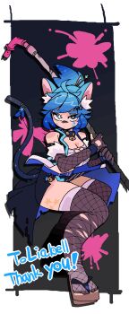 Rule 34 | ahoge, animal ear fluff, animal ears, bare shoulders, bell, black skirt, blue eyes, blue hair, blue nails, breasts, bright pupils, cat ears, cat girl, cat tail, character request, cleavage, cleavage cutout, closed mouth, clothing cutout, collar, commission, copyright request, drop shadow, elbow gloves, facial mark, fingernails, fishnet gloves, fishnet thighhighs, fishnets, full body, geta, glint, gloves, hair ornament, heart cutout, highres, holding, holding lead pipe, jaggy lines, lead pipe, nail polish, neck bell, partially fingerless gloves, skirt, star (symbol), star facial mark, star hair ornament, sushi umasugiii, tail, thick eyebrows, thighhighs, thighs, torn clothes, torn skirt, torn thighhighs, white pupils, zettai ryouiki