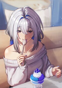 1girl bayris blue_nails breasts collarbone commentary corrupted_twitter_file english_commentary fingernails food galbrena_(wuthering_waves) grey_hair hair_between_eyes highres holding holding_spoon ice_cream long_sleeves looking_at_viewer medium_breasts medium_hair nail_polish off-shoulder_shirt off_shoulder purple_eyes shirt sitting solo spoon sundae utensil_in_mouth wuthering_waves